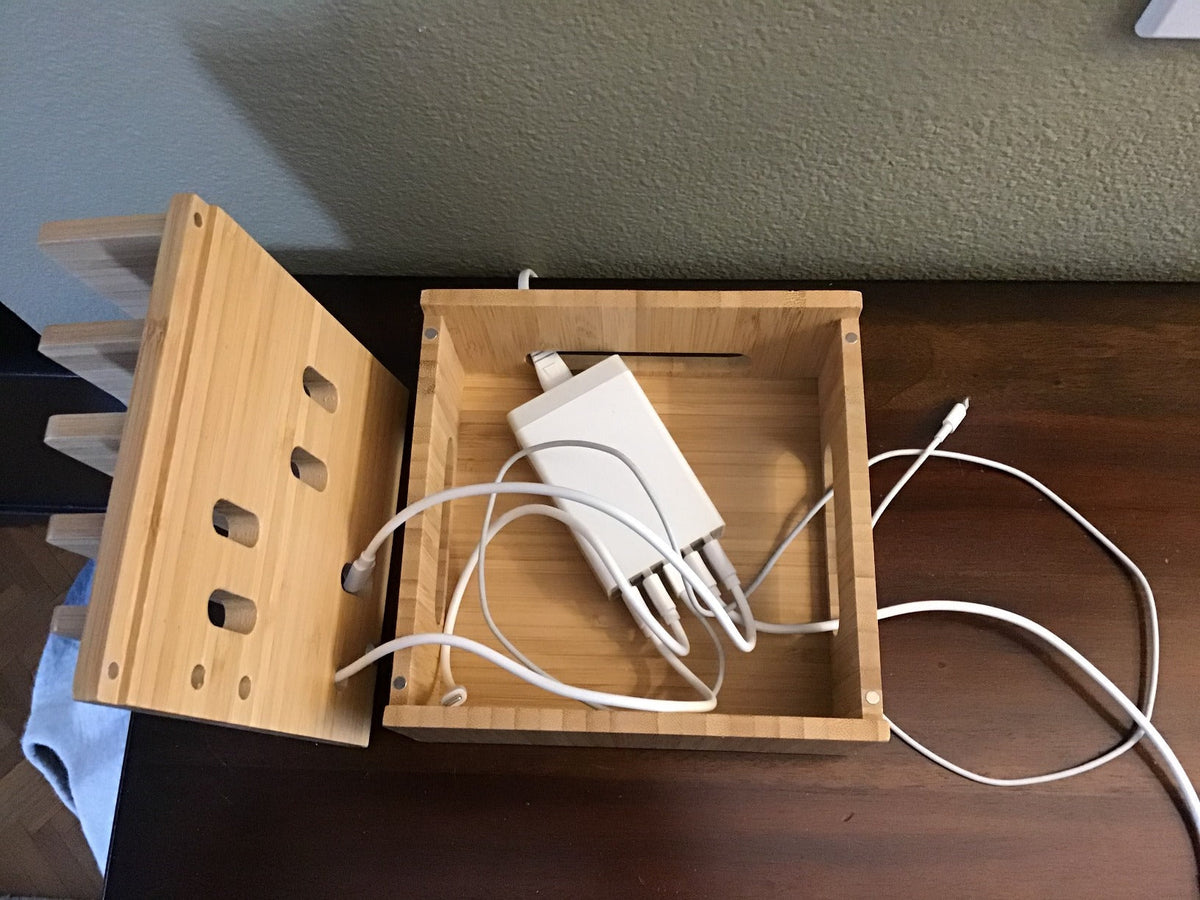 Bamboo Charging Station and Organizer with 5-Port USB for Smartphones, Tablets and Smartwatches - Includes Cable Set