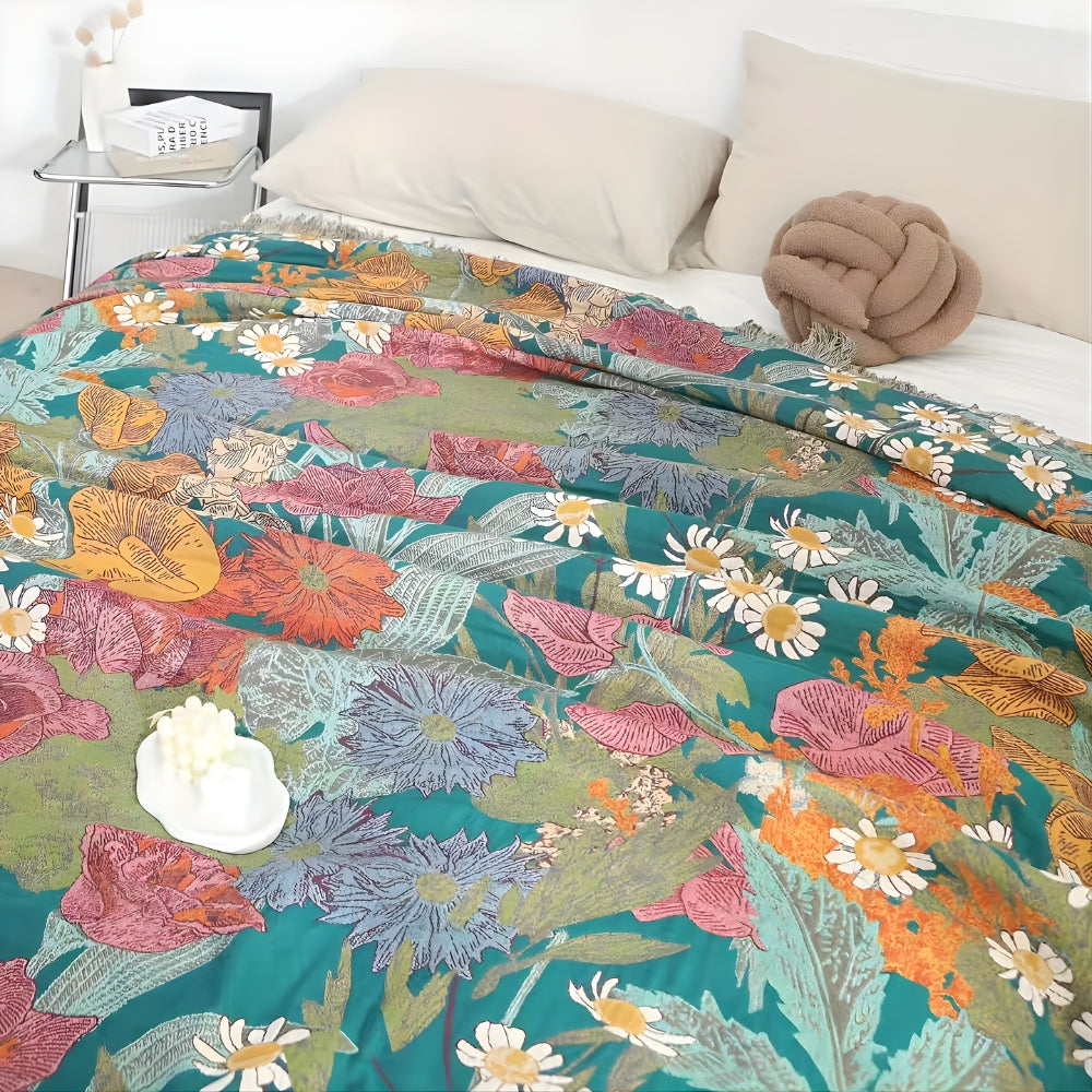 Bohemian Floral Patchwork Cotton Blanket with Tassels