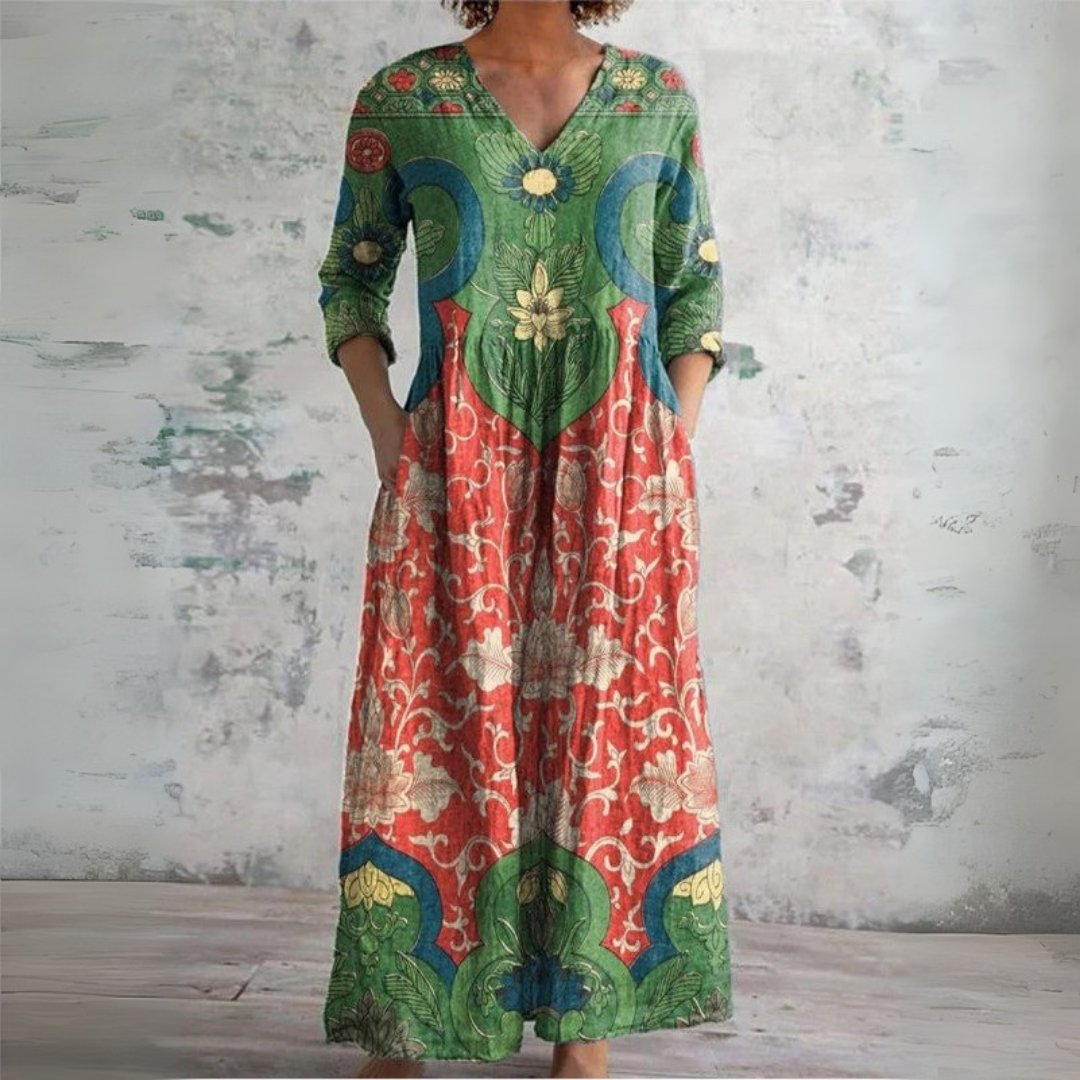 Boho Ethnic Floral V-Neck Long Sleeve Maxi Dress