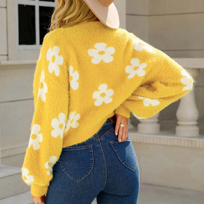 Charming Cozy Women's Sweater with Flowers and Statement Sleeves
