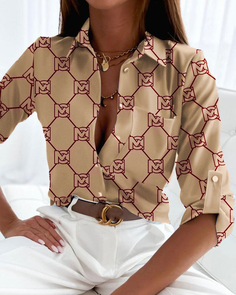 Chic Modern Print Turn-Down Collar Blouse