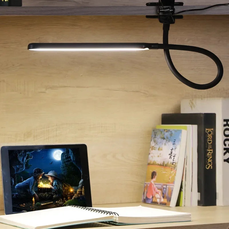 Clip-On LED Lamp with 3 Light Modes and 10 Brightness Levels, USB-Powered, Flexible Gooseneck, Dimmable and Eye-Caring