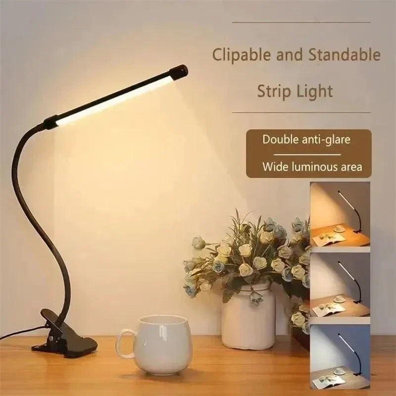Clip-On LED Lamp with 3 Light Modes and 10 Brightness Levels, USB-Powered, Flexible Gooseneck, Dimmable and Eye-Caring
