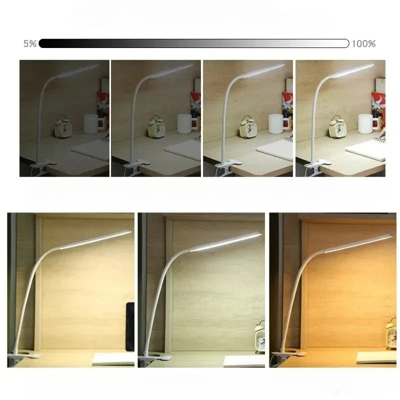 Clip-On LED Lamp with 3 Light Modes and 10 Brightness Levels, USB-Powered, Flexible Gooseneck, Dimmable and Eye-Caring