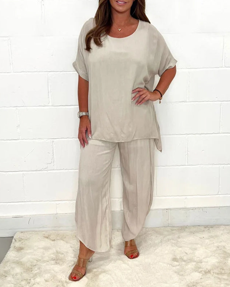 Comfortable and Relaxed Solid Color Two-Piece Set