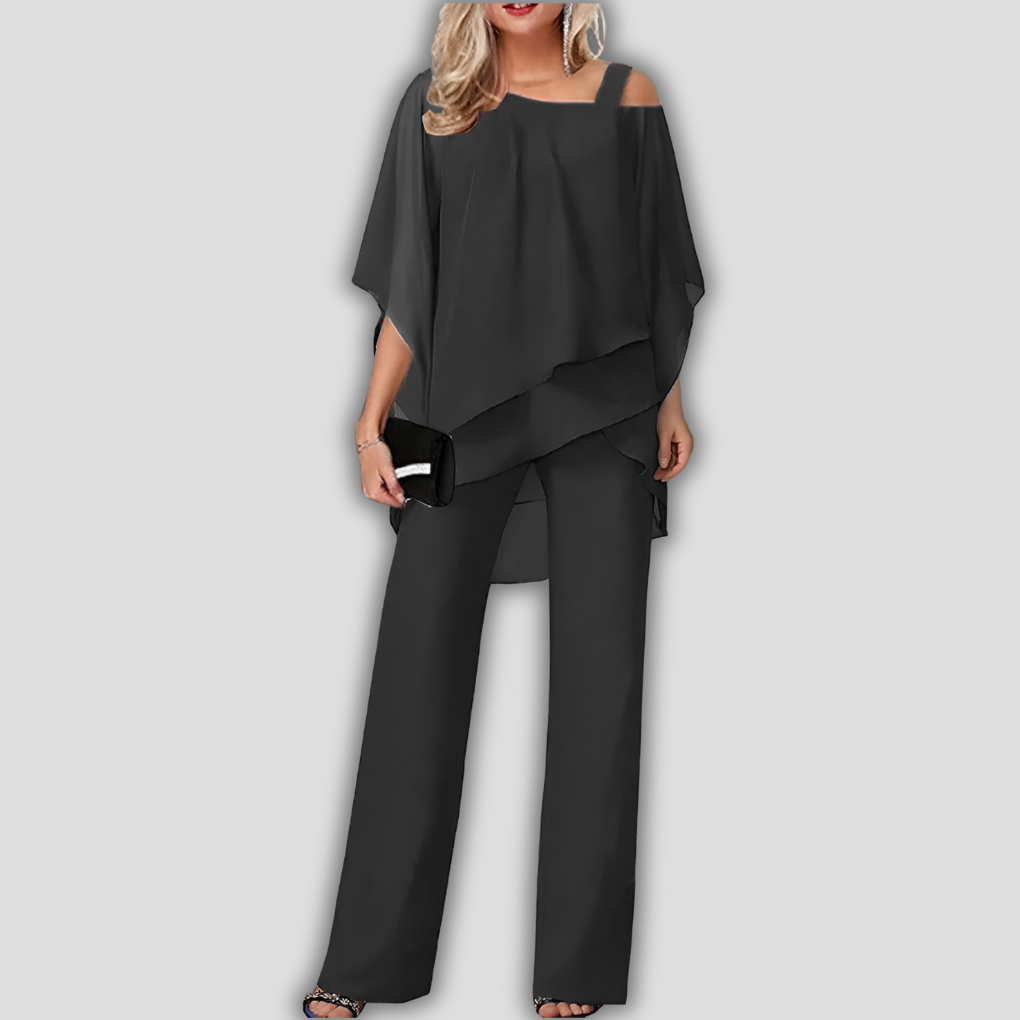 Elegant 2-Piece Pantsuit with Layered Cape Top