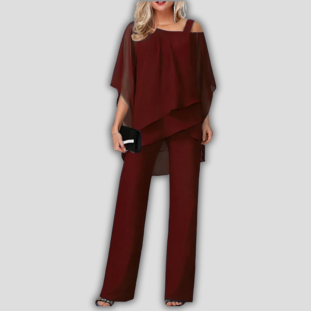 Elegant 2-Piece Pantsuit with Layered Cape Top