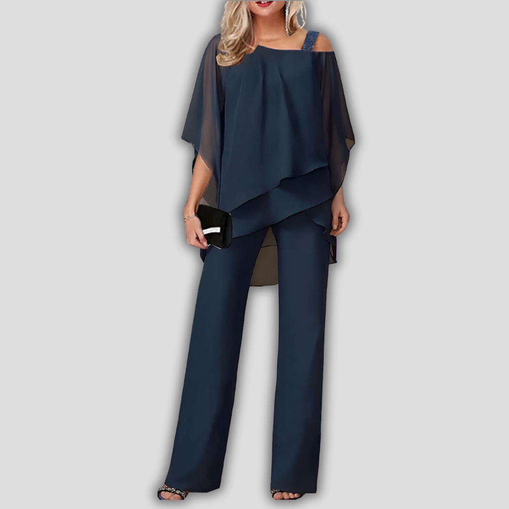 Elegant 2-Piece Pantsuit with Layered Cape Top