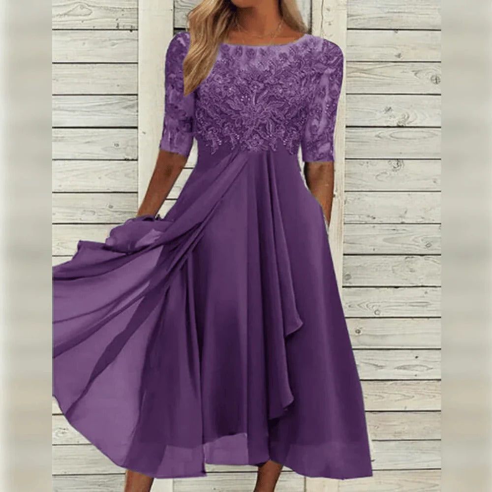 Elegant Occasion Midi Dress with Detail and Flowing Skirt