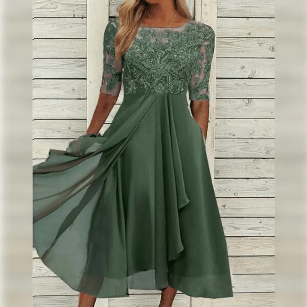 Elegant Occasion Midi Dress with Detail and Flowing Skirt