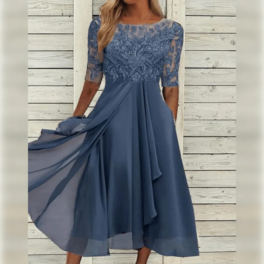 Elegant Occasion Midi Dress with Detail and Flowing Skirt