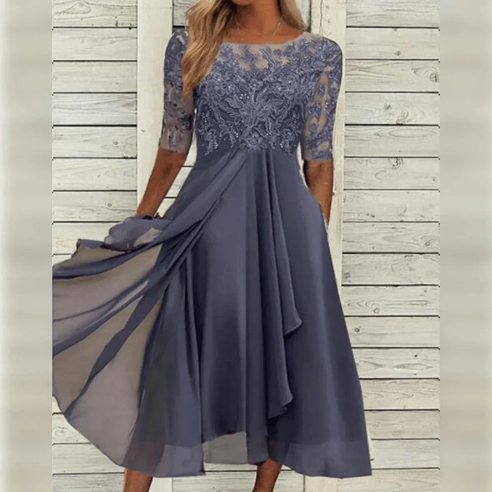Elegant Occasion Midi Dress with Detail and Flowing Skirt