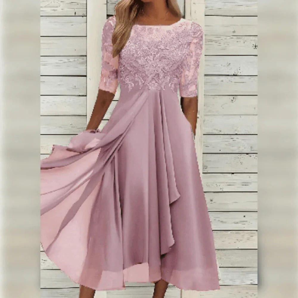 Elegant Occasion Midi Dress with Detail and Flowing Skirt