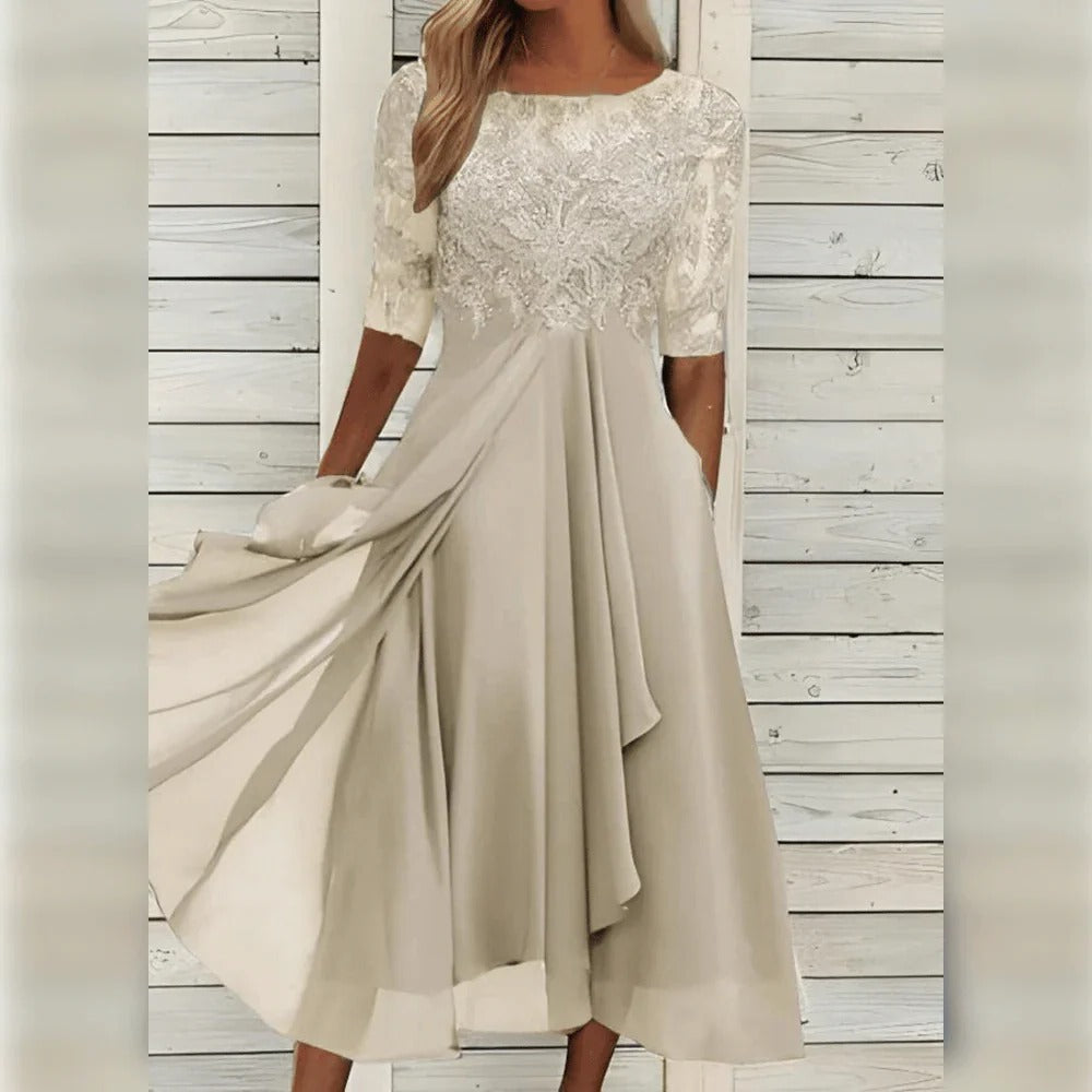 Elegant Occasion Midi Dress with Detail and Flowing Skirt