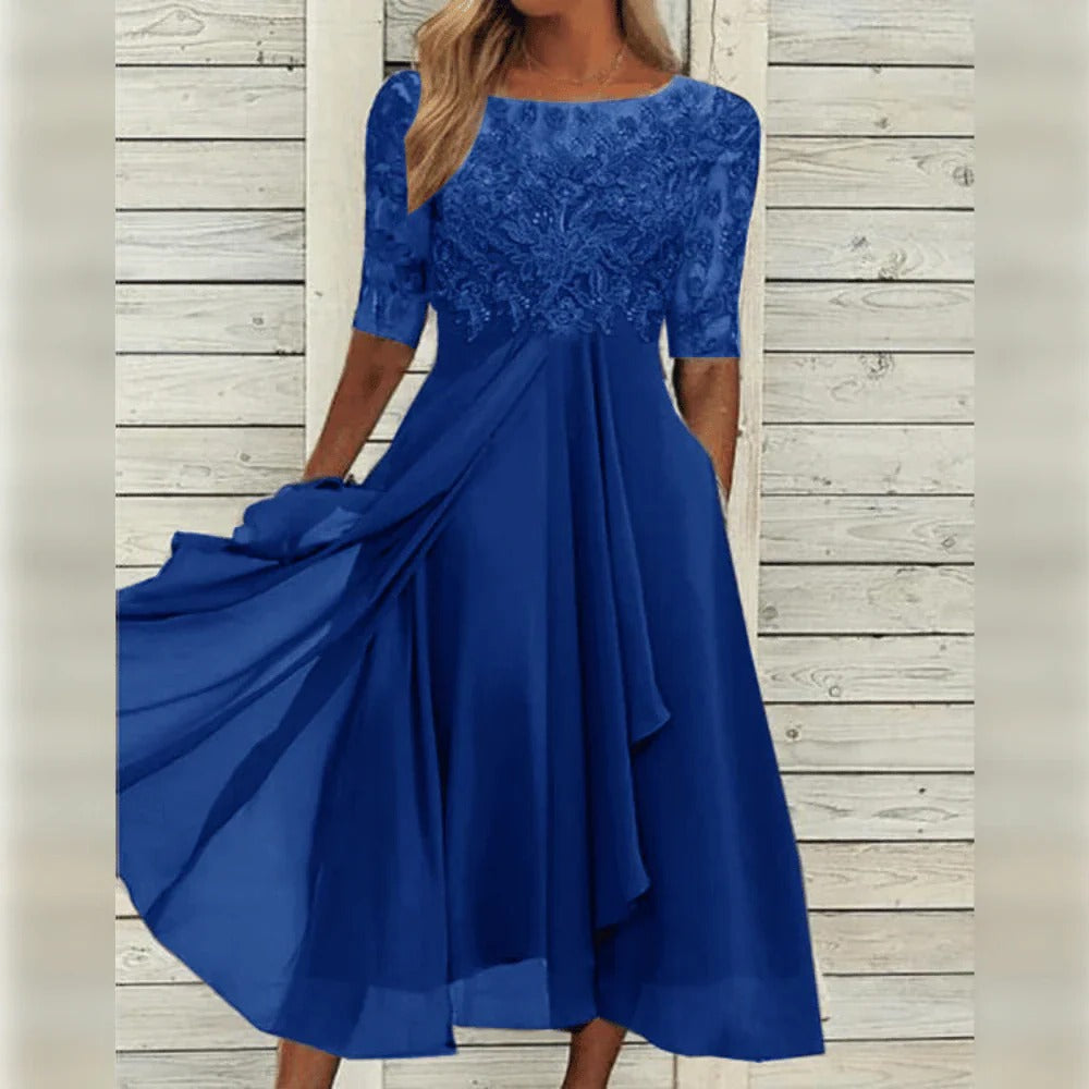 Elegant Occasion Midi Dress with Detail and Flowing Skirt
