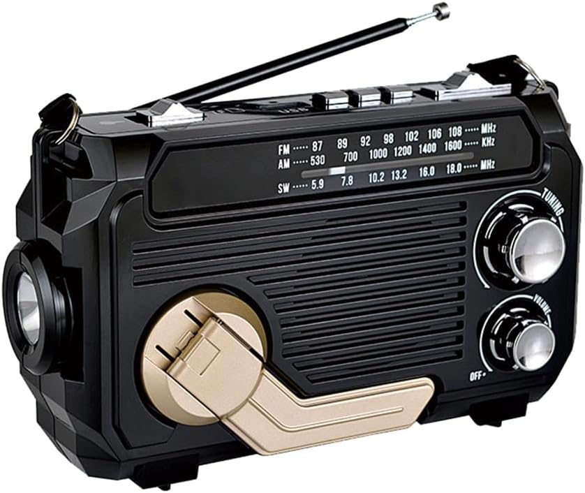 Emergency Radio with Built-in Power Bank – Hand Crank, Solar & USB Charging, AM/FM, LED Flashlight & SOS Alert