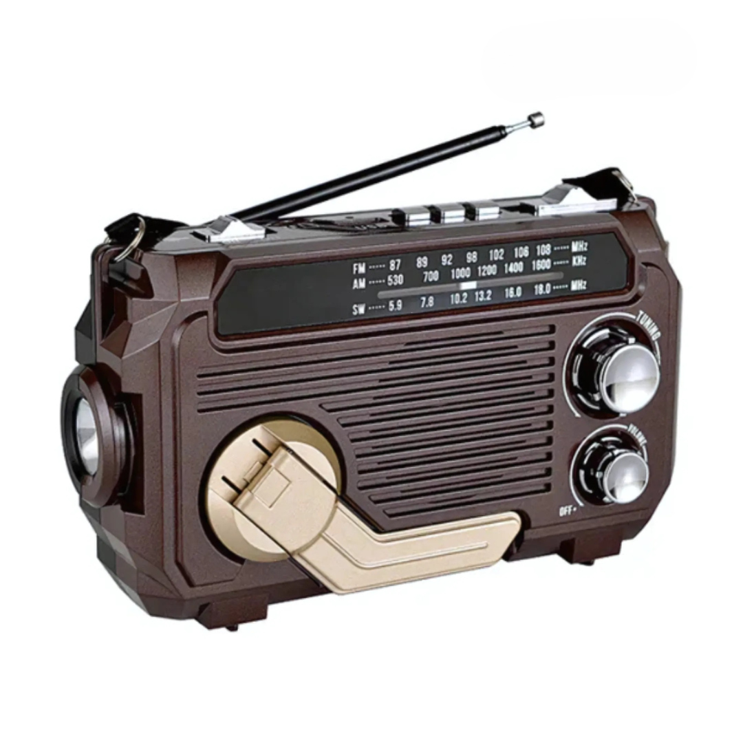 Emergency Radio with Built-in Power Bank – Hand Crank, Solar & USB Charging, AM/FM, LED Flashlight & SOS Alert