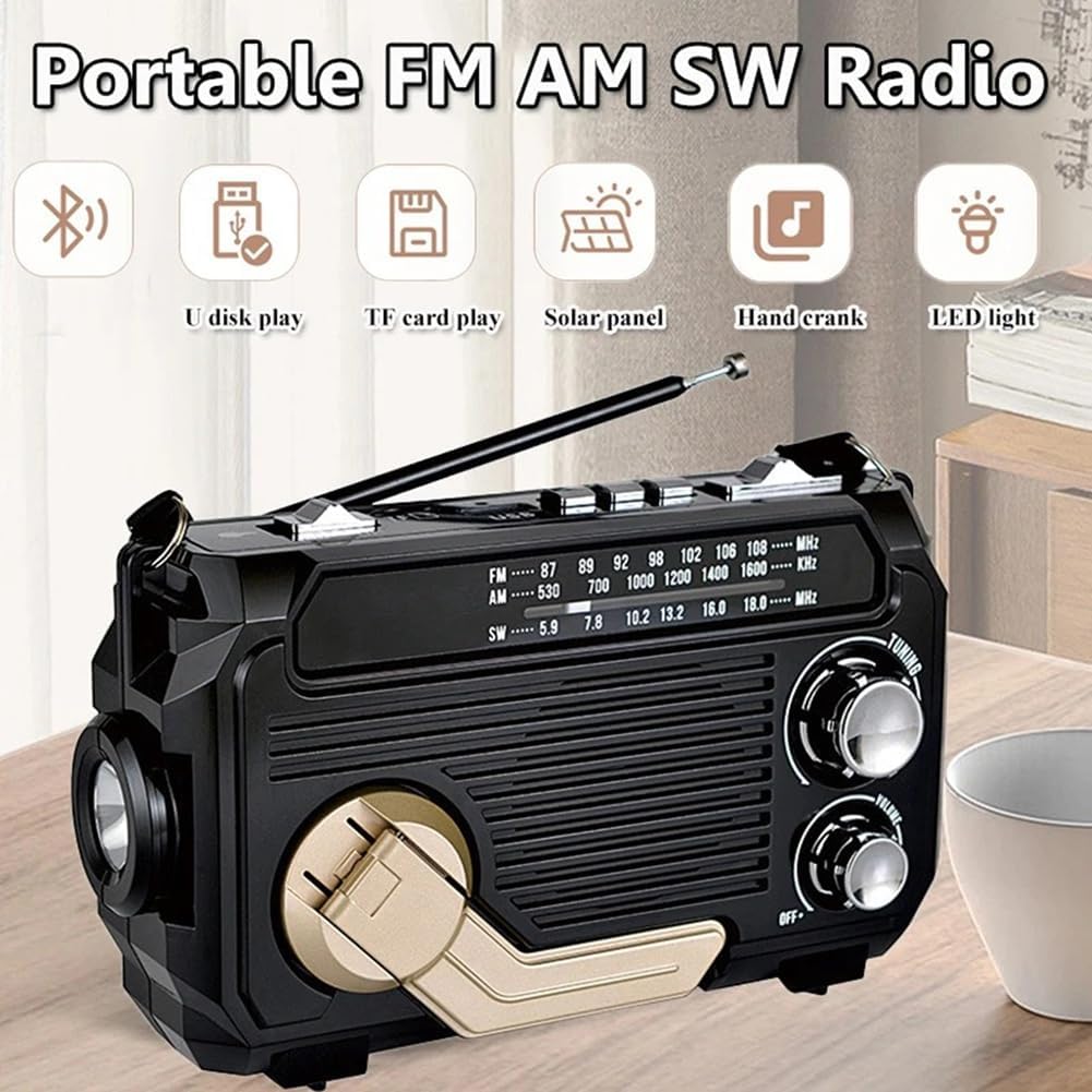 Emergency Radio with Built-in Power Bank – Hand Crank, Solar & USB Charging, AM/FM, LED Flashlight & SOS Alert
