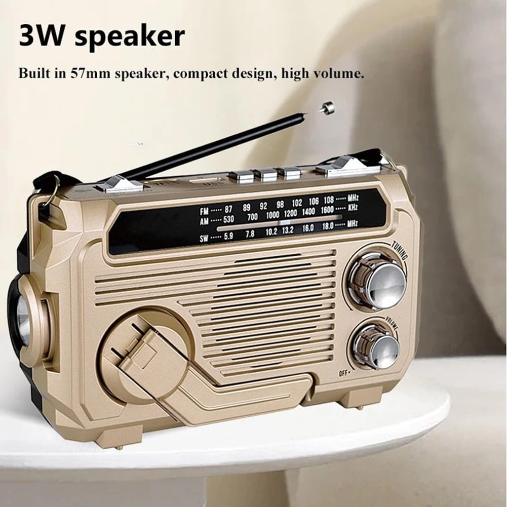 Emergency Radio with Built-in Power Bank – Hand Crank, Solar & USB Charging, AM/FM, LED Flashlight & SOS Alert