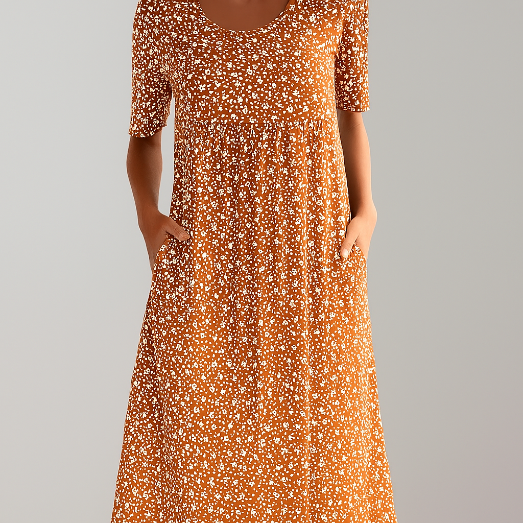 Floral High-Waist Midi Dress with Pockets