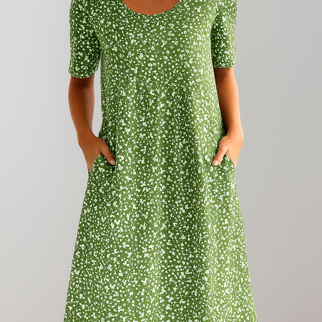 Floral High-Waist Midi Dress with Pockets