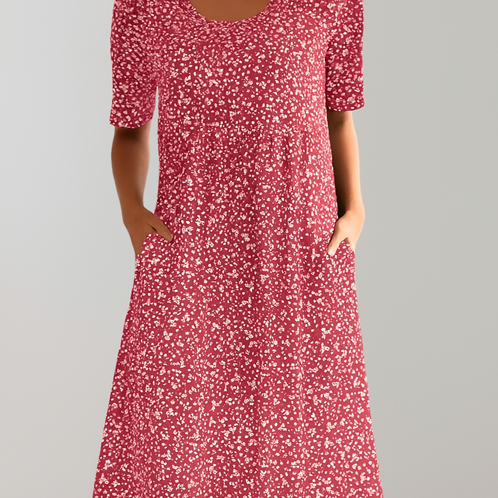 Floral High-Waist Midi Dress with Pockets