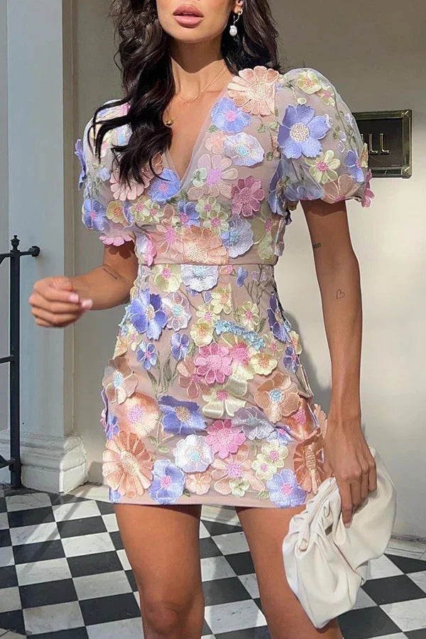 Floral Mini Dress with Puff Sleeves and Flowy Fit
