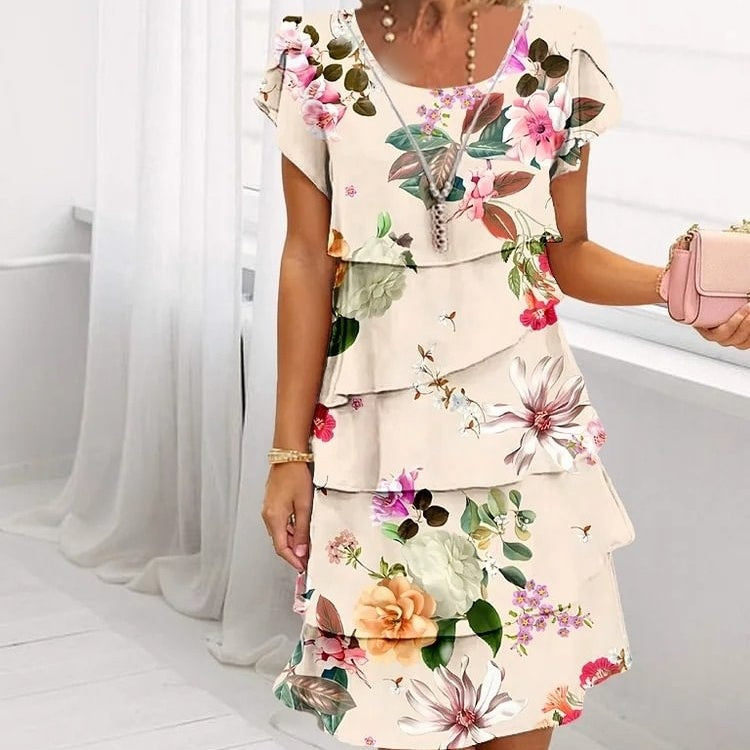 Floral Print Cascade Summer Dress with Adjustable Straps
