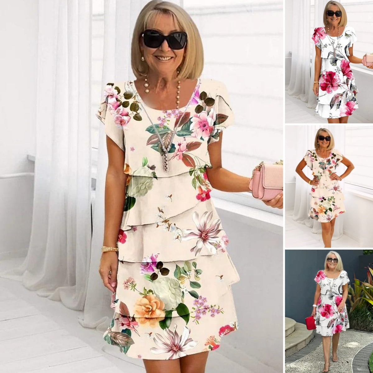 Floral Print Cascade Summer Dress with Adjustable Straps