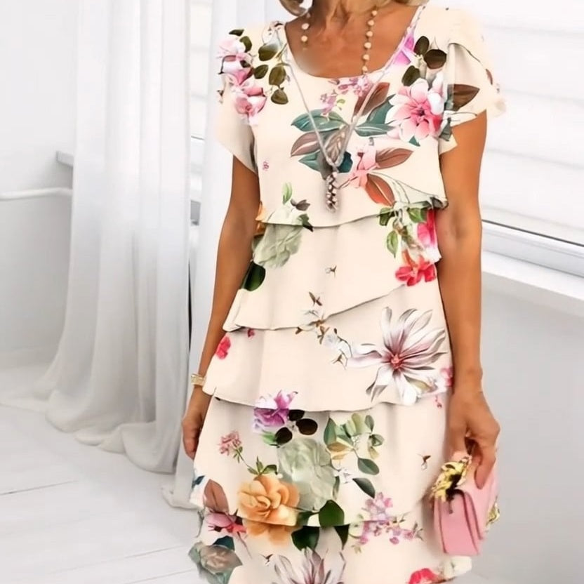 Floral Print Cascade Summer Dress with Adjustable Straps