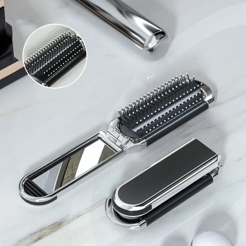 Foldable Travel Hair Brush with Mirror - Compact Styling on the Go