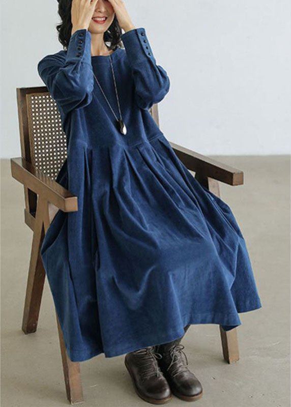 French Blue Button Patchwork Fall Dress with Pockets