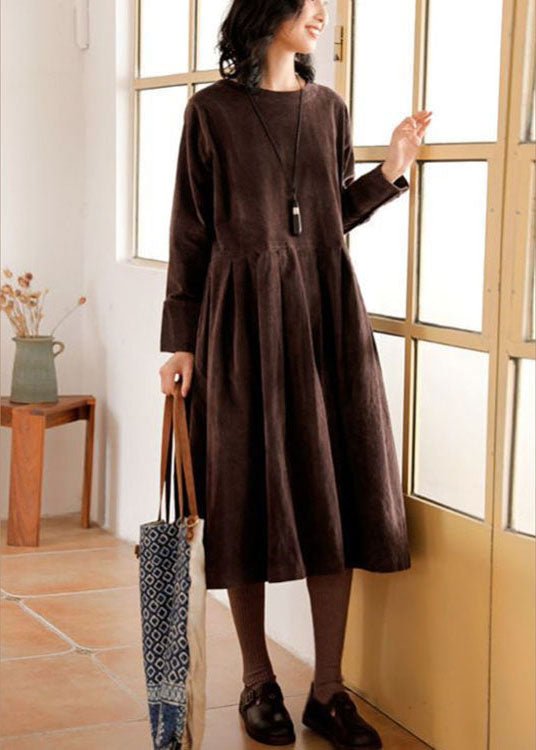 French Blue Button Patchwork Fall Dress with Pockets