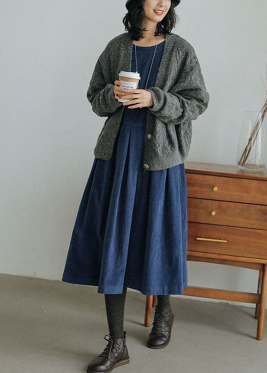 French Blue Button Patchwork Fall Dress with Pockets