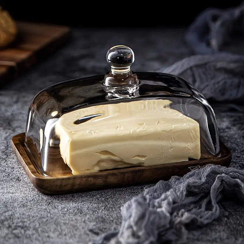 Glass and Wood Butter Dish