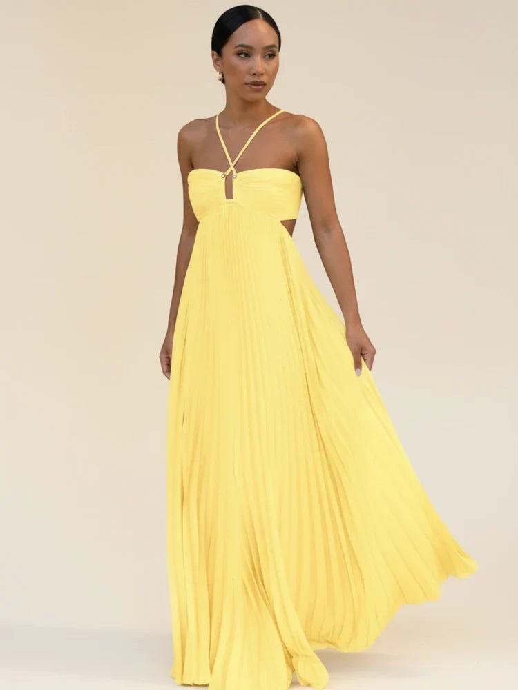 Halter Backless Pleated Maxi Dress