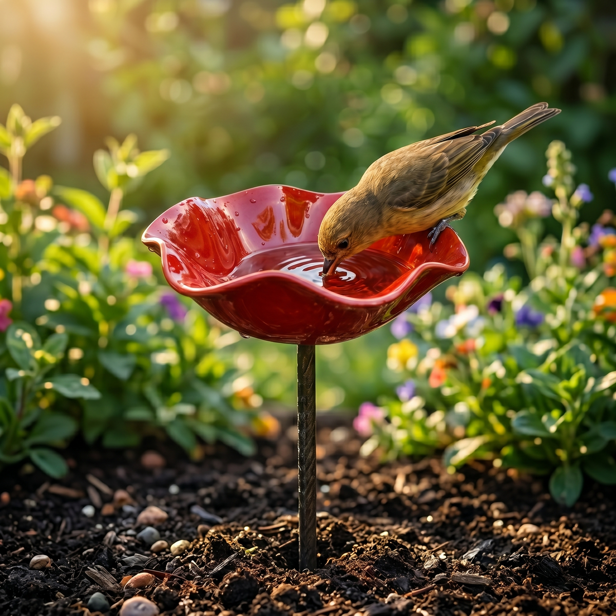 Handcrafted Flower Bird Bath Garden Stake