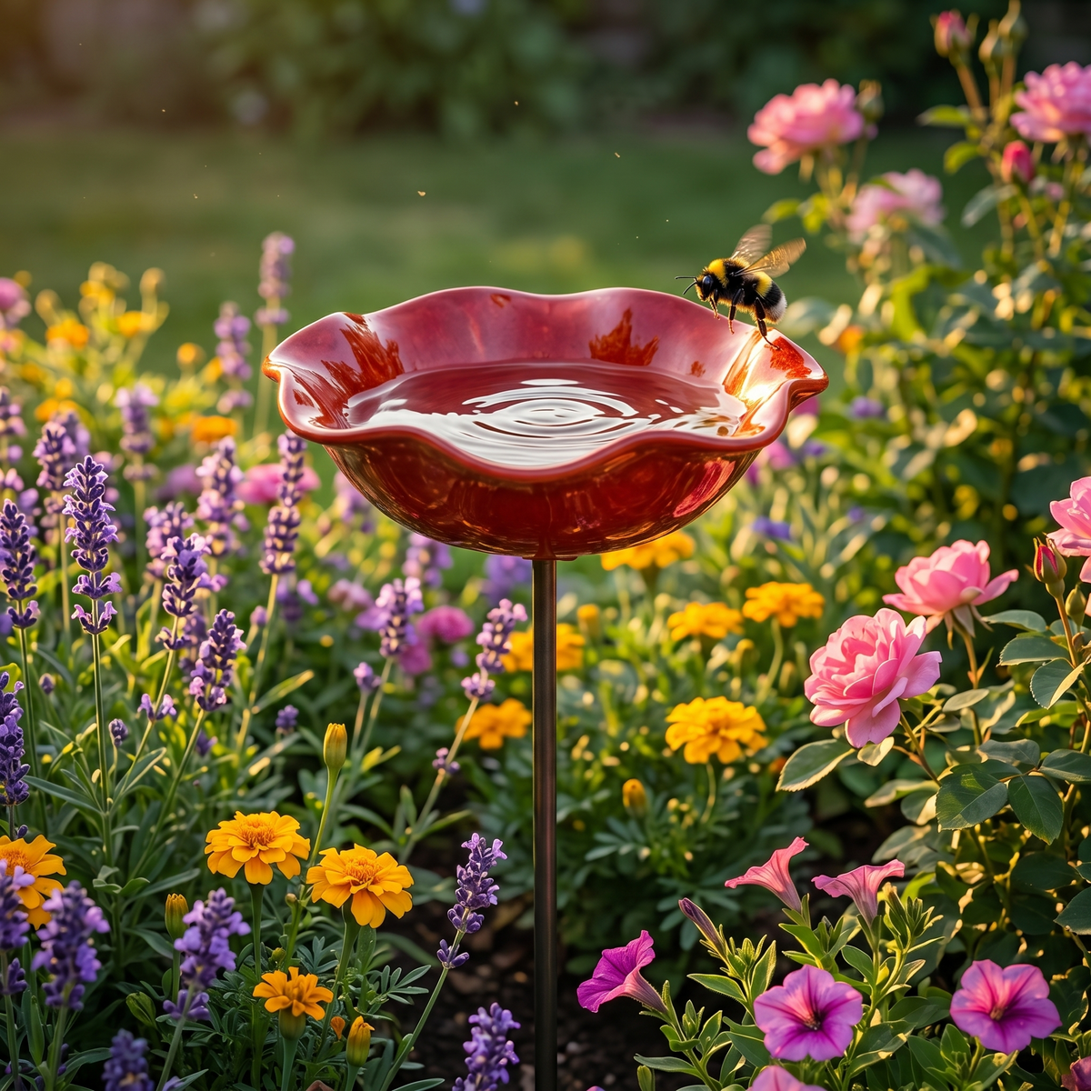 Handcrafted Flower Bird Bath Garden Stake