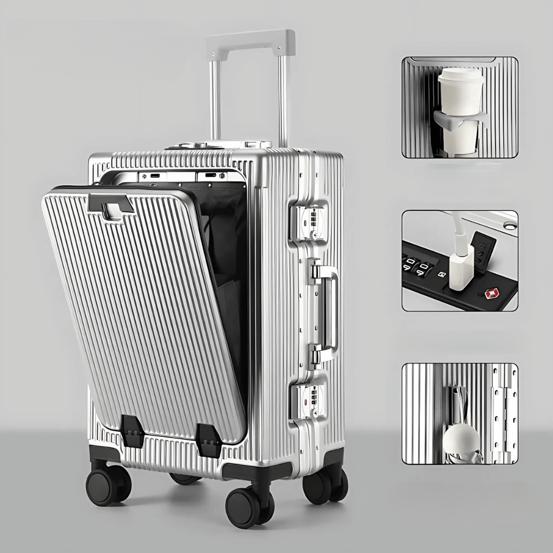 Hard Shell Carry-On Suitcase with Aluminium Frame, Laptop Compartment & USB Ports