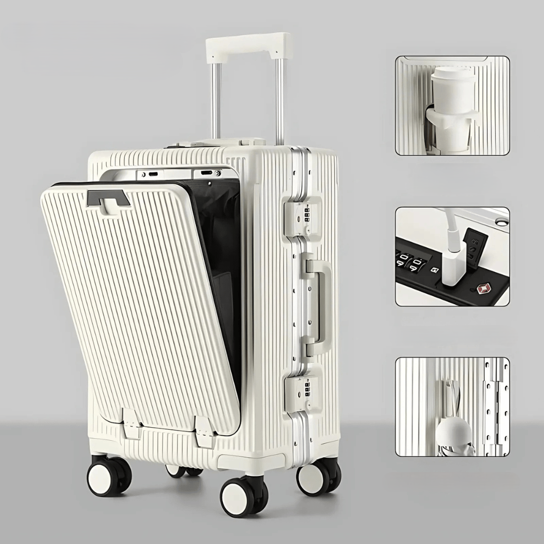 Hard Shell Carry-On Suitcase with Aluminium Frame, Laptop Compartment & USB Ports