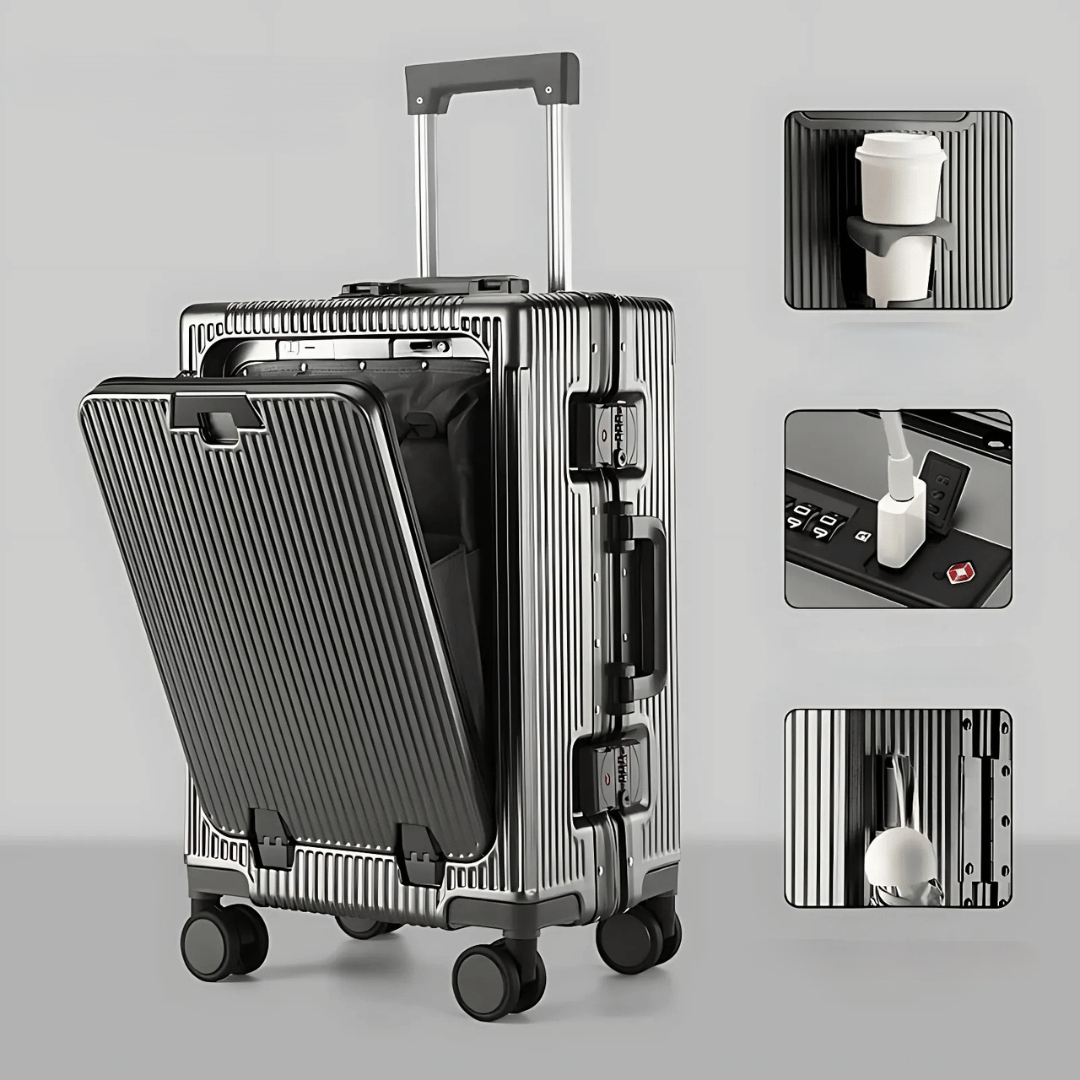 Hard Shell Carry-On Suitcase with Aluminium Frame, Laptop Compartment & USB Ports