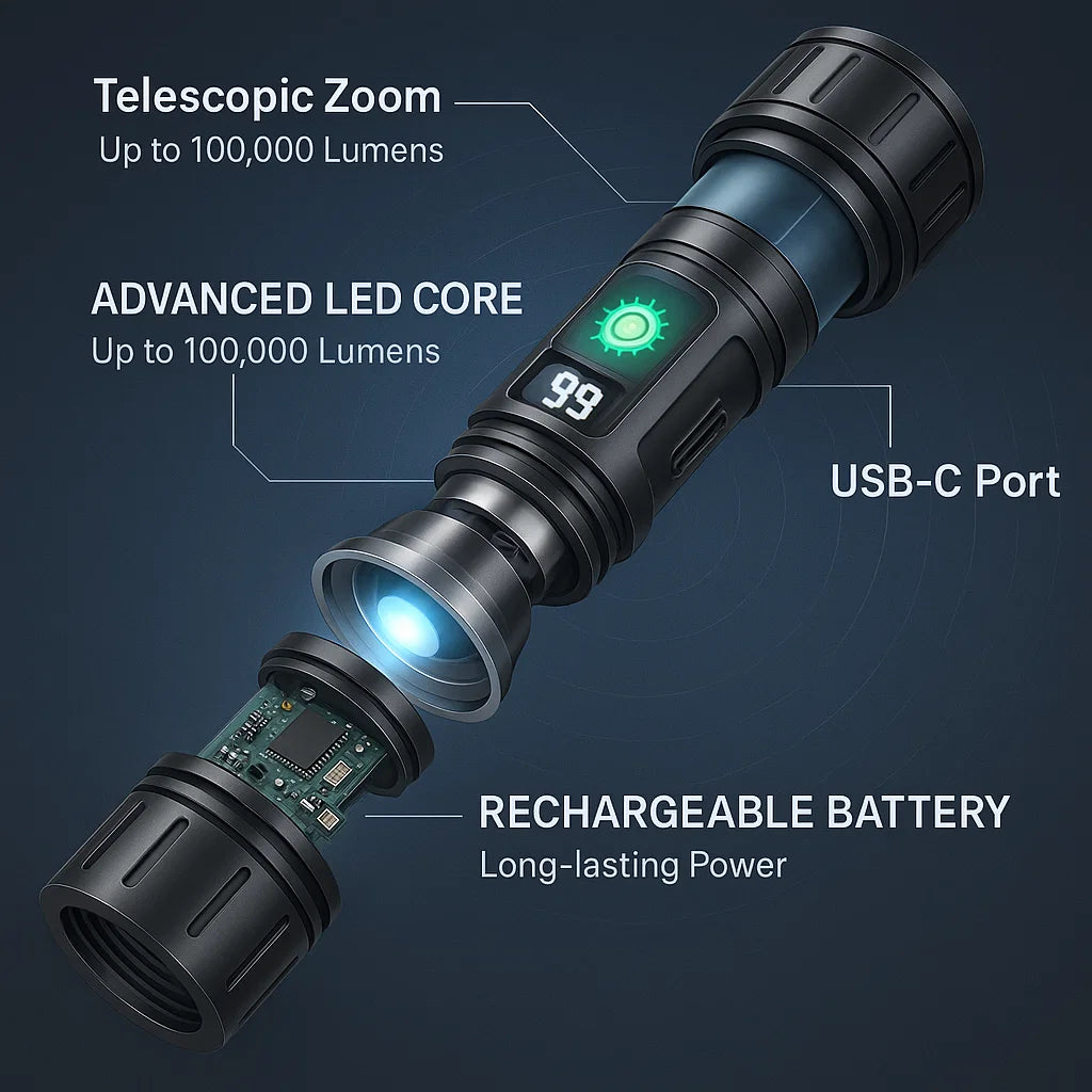 High-Powered 100,000-Lumen Tactical Flashlight Torch
