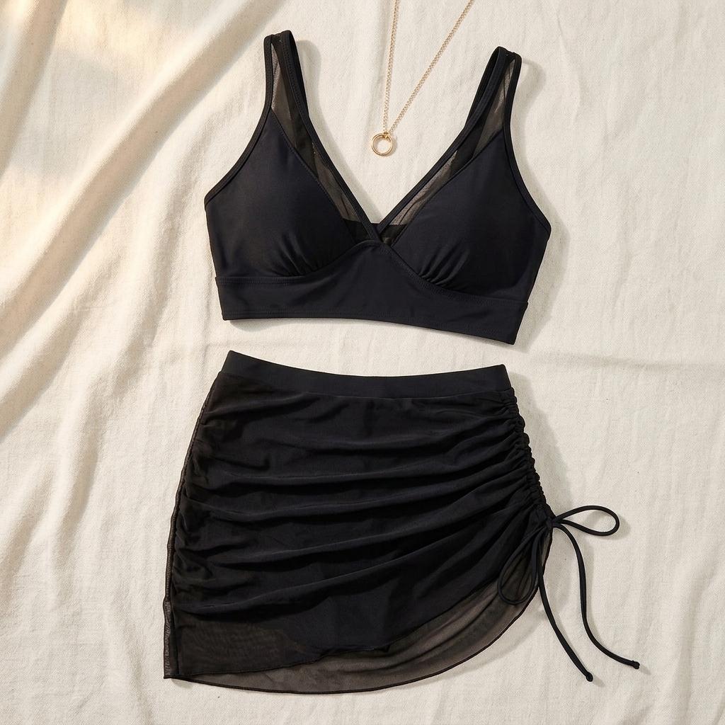 High-Waist Bikini Set with Ruched Skirt Bottom