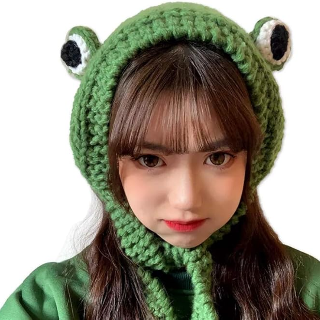 Knitted Frog Beanie with Ear Flaps