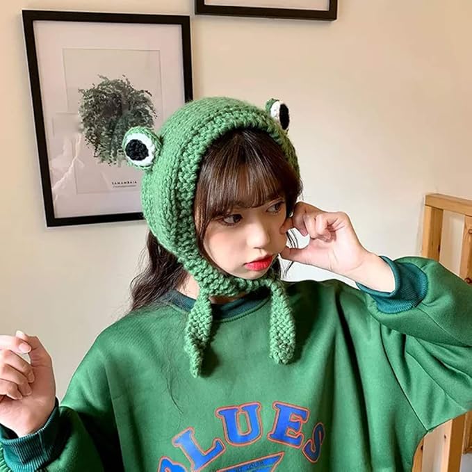 Knitted Frog Beanie with Ear Flaps