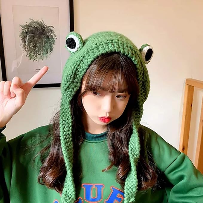 Knitted Frog Beanie with Ear Flaps