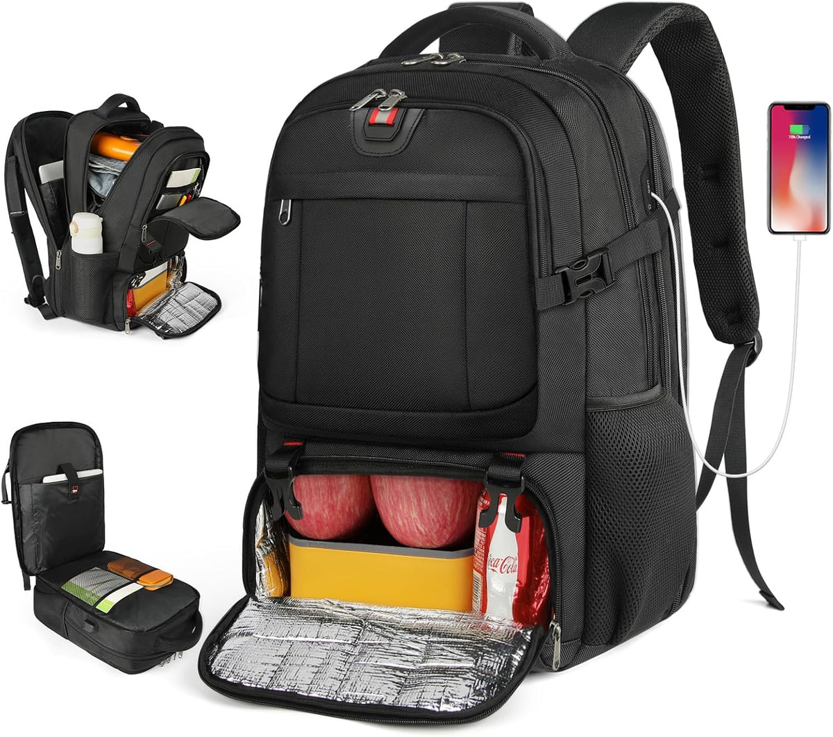 Large Laptop Backpack with Insulated Lunch Compartment and USB Charging Port