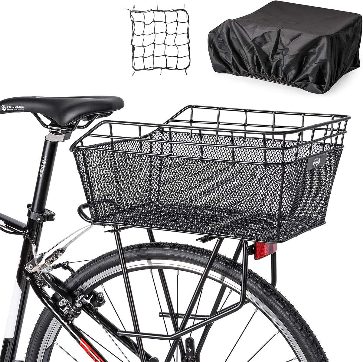Large Rear Bike Basket with Cargo Net and Waterproof Cover