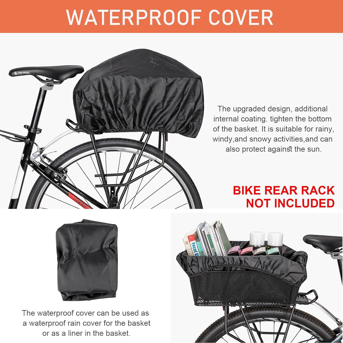 Large Rear Bike Basket with Cargo Net and Waterproof Cover