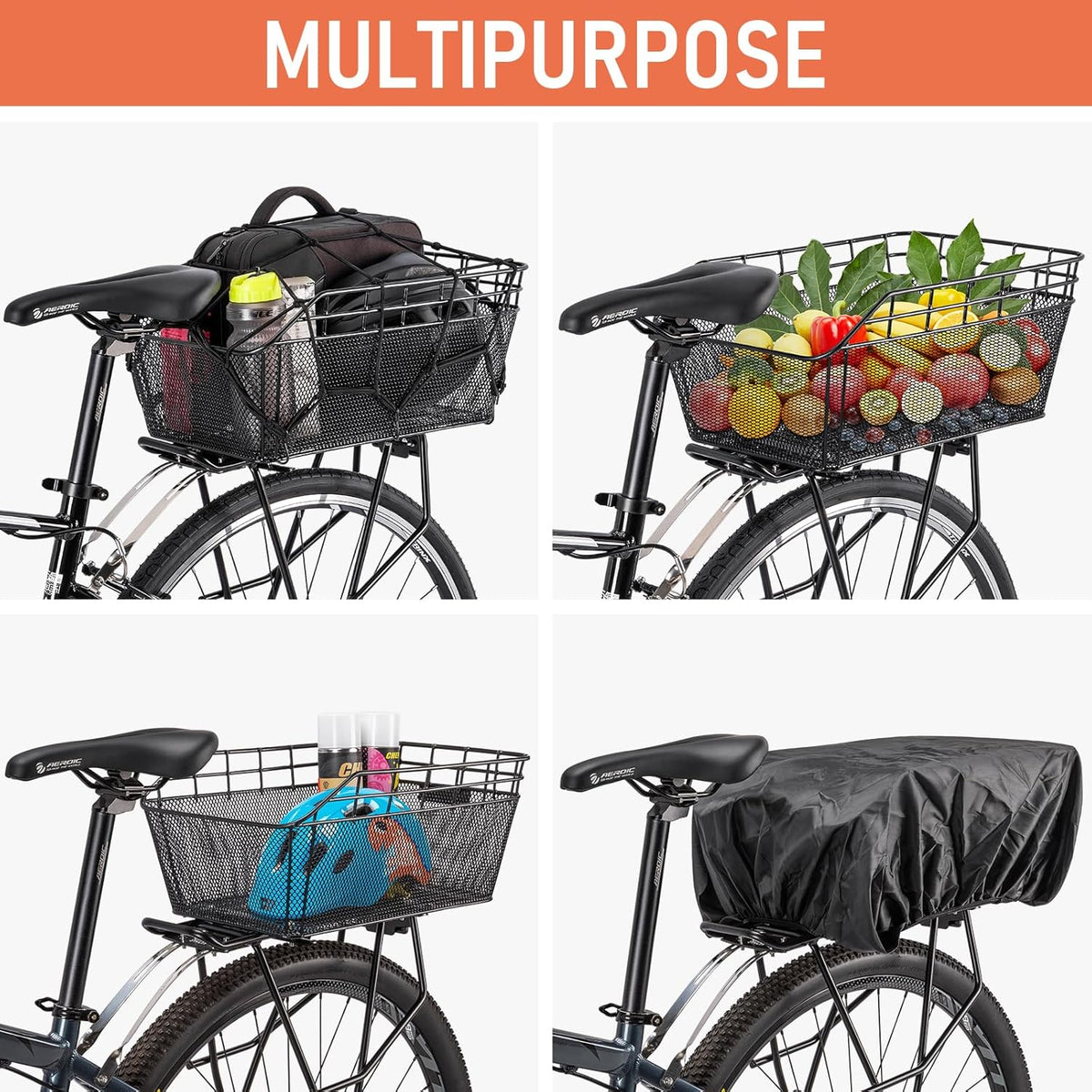 Large Rear Bike Basket with Cargo Net and Waterproof Cover